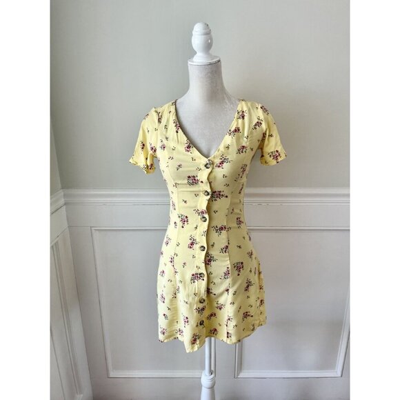 H&M Divided Yellow Floral Creped Mini Dress Cottagecore XS 2 - Picture 3 of 8